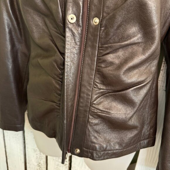 Y2K Industry Moto Buttery Leather Jacket Womens XL Chocolate Brown Ruched Front - Picture 6 of 14